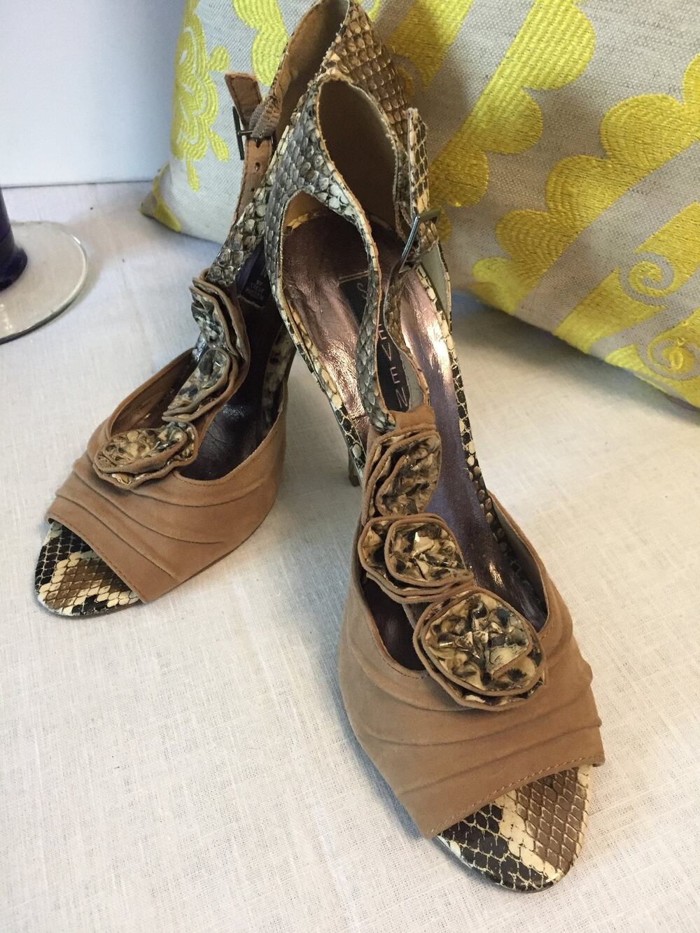 Vtg Steve Madden Tan Leather Suede Faux Snake Skin Open Toe Pump/Heels, SZ 8